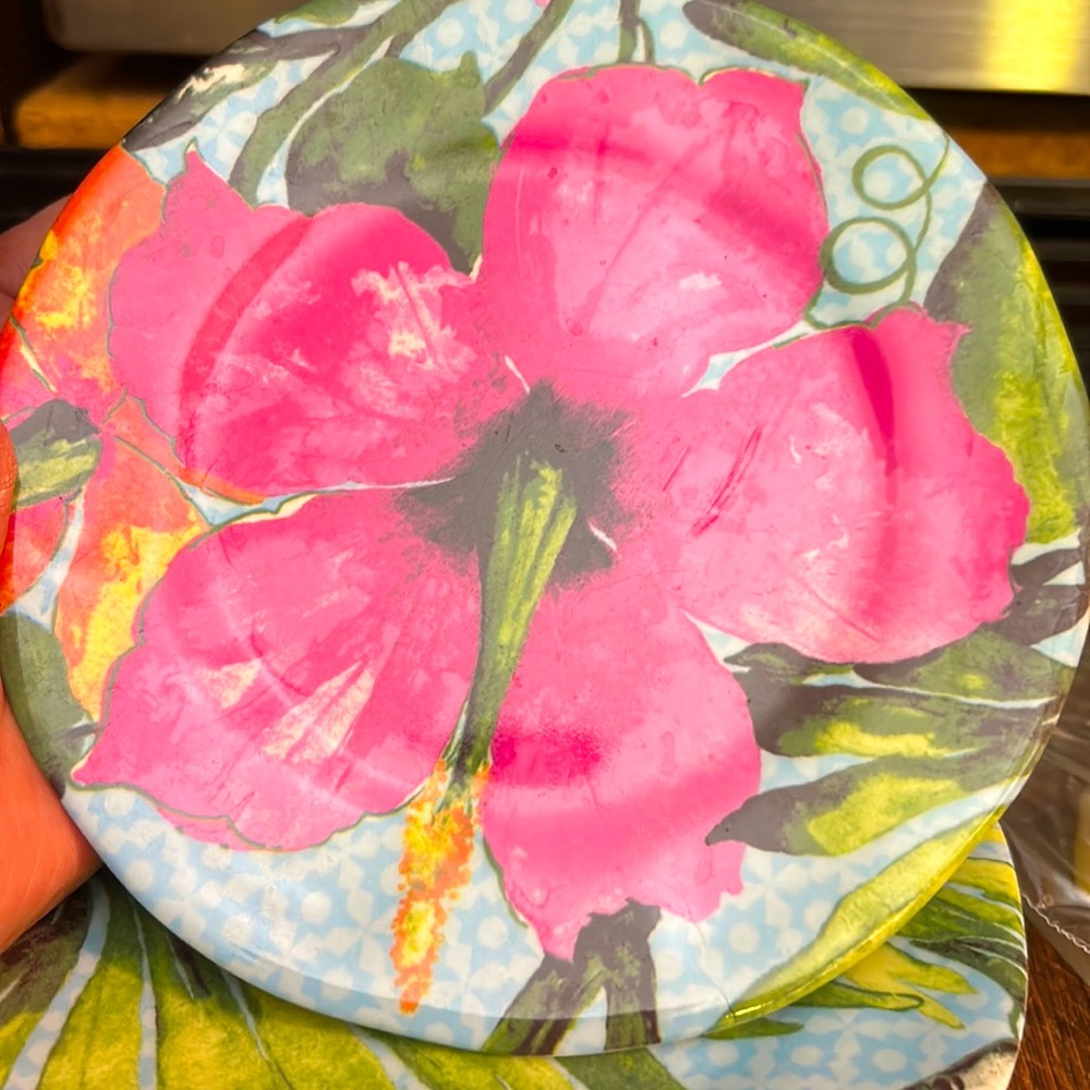 Set of 4 Cynthia Rowley Melamine Appetizer Side Plates 6" Tropical Floral Summer